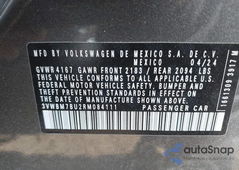 2024 Volkswagen Jetta 1.5T Sport z USA, uszkodzony, nr VIN 3VWBM7BU2RM084111
